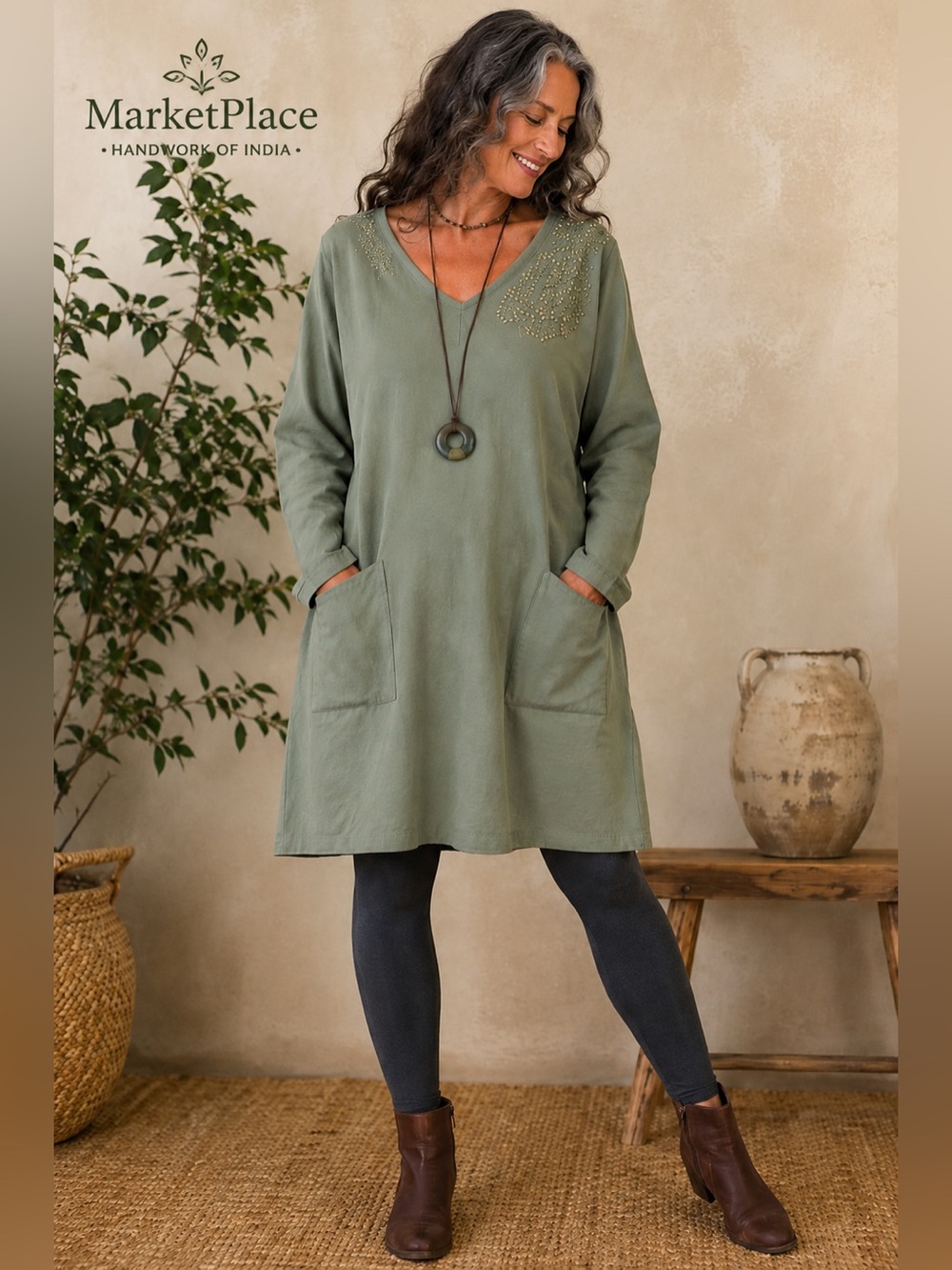 MarketPlace Handwork of India 1W Organic Cotton Tunic Dress Sage Green Boho